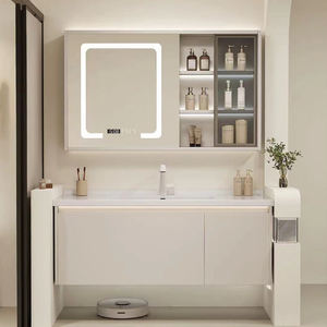 Современный водостойкий шкафчик для ванной комнаты с LED-зеркалом и бесшовной интегрированной раковиной, высококачественный, роскошный дизайн - Product Image 2