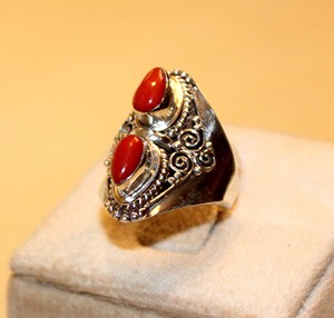 Bague unisexe en argent sterling de haute qualité avec pierre précieuse corail rouge de laboratoire, style bohème tibétain bouddhiste, pour mariage et anniversaire - Product Image 5