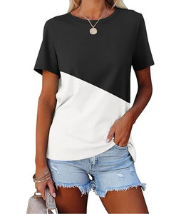 T-shirts à blocs de couleurs écologiques pour femmes Tops décontractés d'été courts avec décoration brodée Design anti-boulochage - Product Image 1