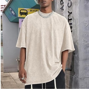 T-shirt à col montant oversize à épaules tombantes, délavé à l'acide, en coton biologique 100% respirant, vêtements de sport d'été - Product Image 4