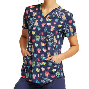 KATBROS INDUSTRY Women 100% Cotton Coffee Dog Print <b>Scrub</b> <b>Tops</b> V-Neck Short Sleeve Medical Uniforms - Product Image 2