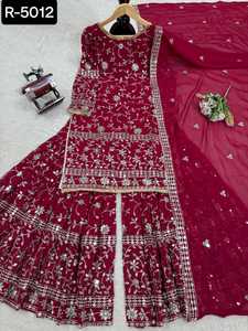 Traje de boda de estilo indio y pakistaní Faux Georgette Sharara con hilo y trabajo de secuencia Salwar Kameez con talla grande - Product Image 6