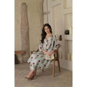 Conjunto de Traje para Mujer Daisy Stripes, Elegante y Transpirable, Kurta 100% Algodón con Bordado a Mano y Pantalones a Juego - Product Image 3