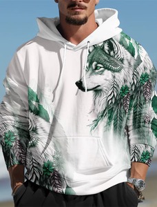 Sudadera con Capucha para Hombre con Bordado 3D de Lobo, 100% Algodón, Verde Oscuro Sólido, Manga Larga, Estilo Urbano Otoñal, Diseño de Diseñador - Product Image 3