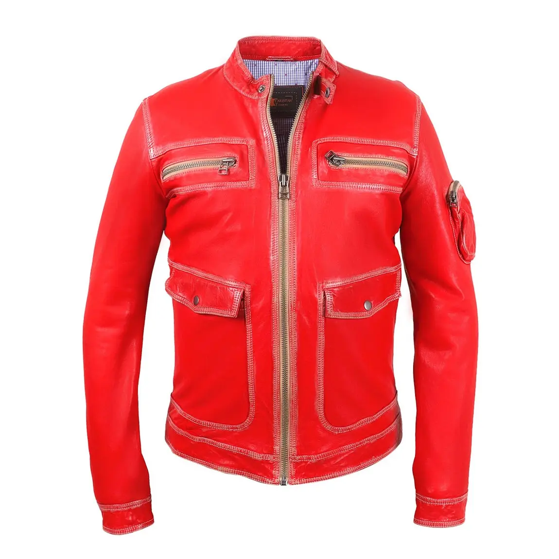 2023 Fashionable Multiple Pockets Zipper Jacket Design Red Color Mens Vintage Distressed Designers Leather jackets