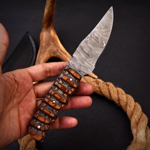Custom Handmade Damascus Steel Hunting Skinner <b>Knife</b> Brown Wood Handle and Natural Leather <b>Sheath</b> OEM Supported - Product Image 5