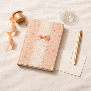 लैब्सन पीच गुलाबी कपड़े कवर फूल केंद्र पैनल साटन धनुष सोने के कोने विंटेज उपहार नोटबुक पत्रिका - Product Image 6