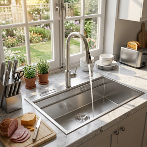 Deep Single Bowl Above Counter 304 Stainless Steel Kitchen Sink Nano Surface Satin Finish Modern Design - Product Image 1