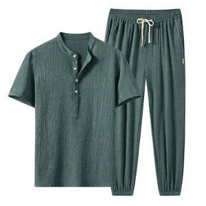 Conjunto de ropa de abrigo de dos piezas personalizable de verano para hombre, traje de Jogger de punto informal con cuello redondo y conjuntos de ropa de abrigo de manga corta - Product Image 1