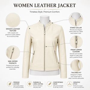 Premium <b>Women</b> Genuine Leather Jacket Slim Fit Stand Collar Zipper Pockets Eco-Friendly Waterproof Casual Fashion <b>Coat</b> OEM - Product Image 6