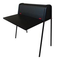 Bureau de travail moderne Stork en laque noire avec compartiment coulissant, plateau en bois, pieds en métal, bureau de bureau élégant et écologique