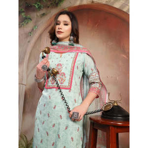 ชุดคุรตะผ้าฝ้ายพิมพ์ลายสีเขียวสำหรับผู้หญิง พร้อมผ้าคลุมไหล่ ผ้าเน็ตสไตล์ปากีสถาน-อินเดีย สำหรับงานพิธีกรรมและงานปาร์ตี้ - Product Image 5