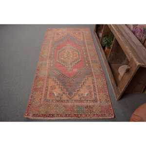 Vintage Turkish Rug <b>Red</b> Yellow Patchwork Design Large Area 3.4 X 7.5ft Wool <b>Material</b> with Latex Backing for Hallway Bedroom - Product Image 1