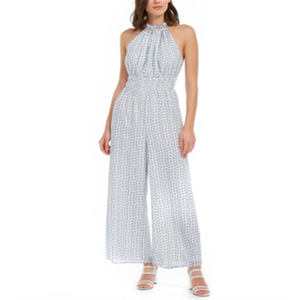 Tuta Intera da Donna Moon River Bianca/Blu a Pois con Collo Halter, Gamba Larga e Vita Alta, Taglia S - Chiffon Traspirante per Occasioni da Spiaggia - Product Image 4