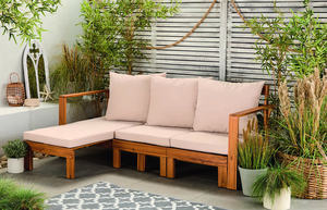 Canapé convertible 3 places extensible en bois d'acacia pour l'extérieur, lit de jour de patio avec coussins beiges, chaise de loisirs moderne - Product Image 6