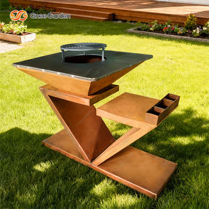 Barbecue d'extérieur moderne en acier Corten robuste avec chariot et plancha, certifié CE, toutes saisons, facile à déplacer, pour jardin/camping - Product Image 3