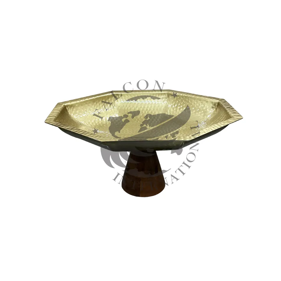Mangkuk buah logam Modern dipalu perak, mangkuk saji bentuk bulat dengan dudukan kayu emas dekorasi rumah logam Modern