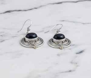 <b>Black</b> Onyx Stud <b>Earrings</b> Sterling Silver Gold Plated Cute Layered Balinese Artisan Jewelry for Anniversary and Party Occasions - Product Image 2