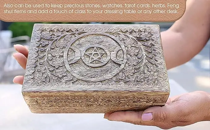 Diseño único hecho a mano de madera Triple Luna tallada a mano joyería baratija recuerdo caja de almacenamiento de madera