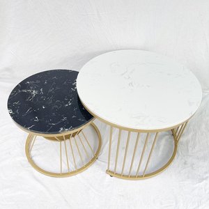 Mesa de Sofá Redonda Doble con Tapa de Piedra y Patas de Hierro Amarillo 60x60x45cm TT68165 - Product Image 3