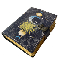 Libro de sombras diario con cierre de bloqueo Prop Vintage hecho a mano cuero genuino sol y luna cubierta impresa papeles sin forro cuaderno