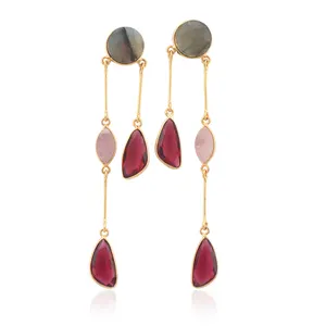 Beautiful designer trending earring mix three gemstone bezel setting earring solid brass gold plated drop stick hanging earrings