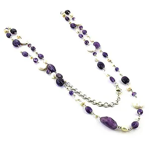 Collier de perles avec améthyste et perle, chaîne en argent 925, style bohème, à porter au quotidien, unisexe - Product Image 1