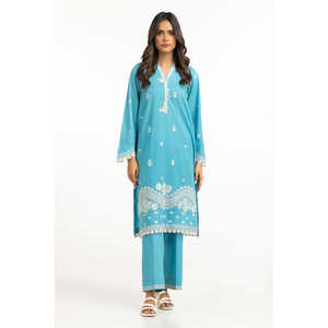 Conjunto de Camisa y Pantalón Casual con Cuello en V y Encaje Cambric Bordado, Manga Larga, Transpirable para Mujer, Primavera/Verano, IPST-44601 - Product Image 2