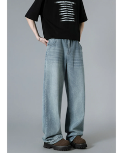 กางเกงยีนส์ขาตรงทรงขาตรงสำหรับผู้ชายเสื้อผ้าแนวสตรีทสวมใส่สบายแฟชั่นฤดูร้อนสีฟ้าอ่อน - Product Image 2