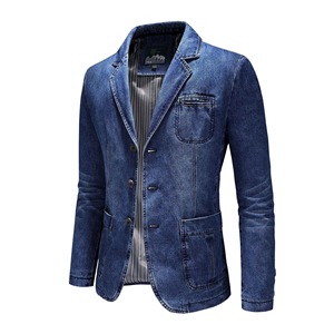 Solid denim <b>jacket</b> 100% Polyester quilt lining Coat Single Breasted logo Blazer Size Slim Fit pocket lightweight <b>Men</b> Blazers - Product Image 1