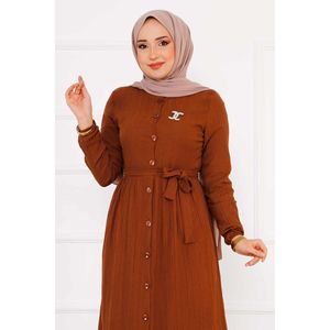 Robe décontractée marron boutonnée à manches élastiquées, respirante et légère, taille XS, motif uni, longueur genou, pour le printemps et l'automne - Product Image 2