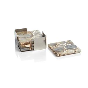 Juego de posavasos artesanales de piedra natural blanca con incrustaciones de latón, patrón de mármol, almohadillas y almohadillas de posavasos de piedra absorbente - Product Image 1