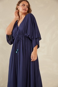 Vestido Largo Bohemio Azul de Manga Larga, 100% Rayón, con Borlas, Cuello en V, Informal, para Mujer - Product Image 5