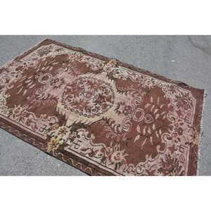 Vintage Turkish Rug 4.8 X 7.7ft Classic Brown Beige Patchwork Design Wool Faux Rabbit Fur Latex Rectangle Hallway for Bedside - Product Image 2