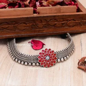 New Arrival Silver Oxidized Floral Choker Set With Earrings Stone Big Flower Necklace Set