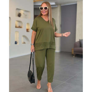 Women's Short-Sleeved V-Neck <b>Sequined</b> Viscose Two-Thread Blouse and <b>Pants</b> Two-Piece Set, 36145 - Khaki - Product Image 1