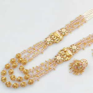 Indian Fancy Traditional Motipearl & Kundan Long Mala Gold Tone Kundan Pearl Collar largo con juego de pendientes Jumka para mujer - Product Image 1