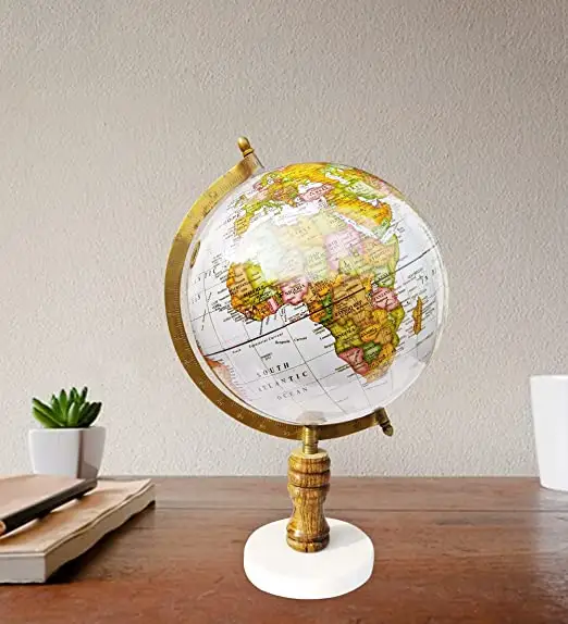 World Rotating Globe with Wood and Marble Base 8 inch Ball Educational & Decorative Globe for Students Home Decor Gift I