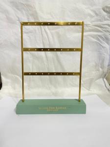 Classic Design 3 Tier Gold Metal <b>Earring</b> Bracelet and Necklace Holder Jewelry Stand With Wooden Base in India - Product Image 3
