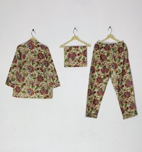 Conjunto romántico de algodón bohemio para mujer, camisa con estampado de Paisley abstracto y pijama de cintura elástica con bolsa de estilo coreano a juego - Product Image 1
