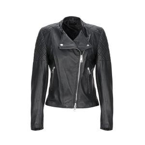 Women's Genuine Leather Moto <b>Jacket</b> Quilted Shoulder Full Sleeve Slash Neck Zipper Closure Autumn Style - Product Image 1