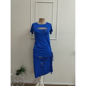 Vestido midi de viscosa de manga corta para mujer con detalles de corte láser en el busto y en las piernas y abertura fruncida profunda, 36600 - Azul Saks - Product Image 4