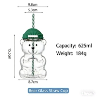 Bouteille d'eau en verre en forme d'ours en peluche avec couvercle et paille, capacité 500 ml, compatible lave-vaisselle, en verre borosilicate de haute qualité, vente en gros