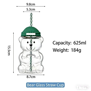 Bouteille d'eau en verre en forme d'<span class=keywords><strong>ours</strong></span> en peluche avec couvercle et paille, capacité 500 ml, compatible lave-vaisselle, en verre borosilicate <span class=keywords><strong>de</strong></span> haute qualité, vente en gros - Product Image 4