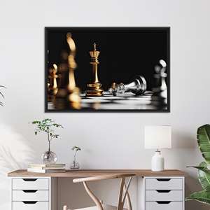 Tableau sur toile d'art moderne avec pièces d'échecs : impression sur verre trempé, toile encadrée noire - Product Image 1