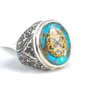 Men's 925 Sterling <b>Silver</b> Turquoise Stone Engraved <b>Pen</b>-Shaped Ring-Inlay Technology Bezal Setting Everyday Wear - Product Image 2