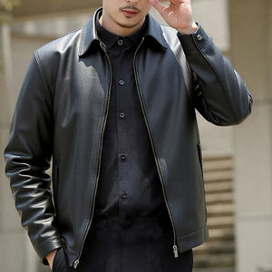 Veste d'hiver de luxe décontractée noire en cuir véritable souple et léger imperméable pour homme avec fermeture éclair et logo frontal style streetwear - Product Image 1