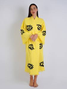Cárdigan de gran tamaño para mujer Kimono bordado hecho a mano patrón de ojos amarillo manga larga Boho Festival estilo Midi para mujer - Product Image 4