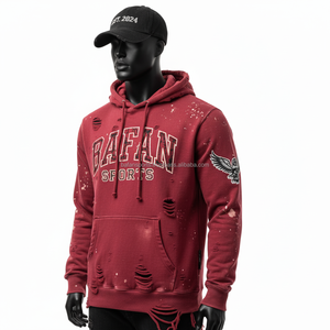 Sweat à capuche premium en molleton épais 360GSM, couleur bordeaux, lavage vintage, avec broderie, logo personnalisé et détails usés, sweat à capuche basique - Product Image 3