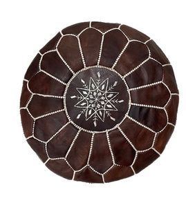 Round Embroidered <b>Leather</b> Pouf Cushion <b>Cover</b> Bohemian Style Handmade Stitched Design Home Decor - Product Image 2